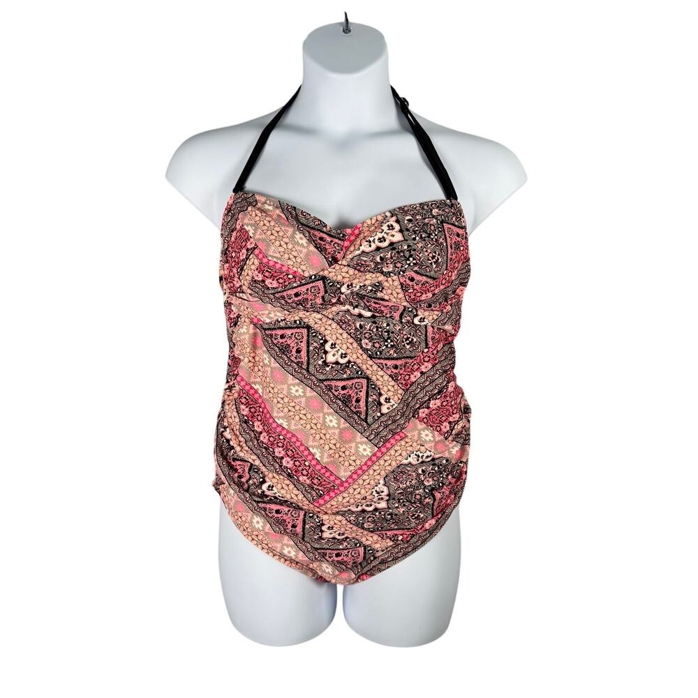 Isabel Maternity Swimsuit D/DD Large One Piece Halter Tie Back Padded Geo Print